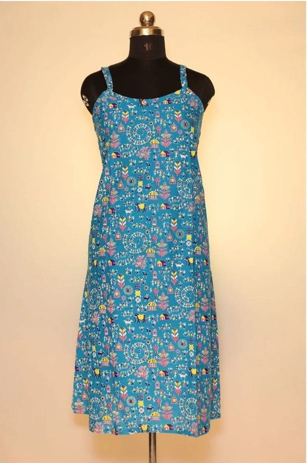 Blue Warli Print Spaghetti Kurti