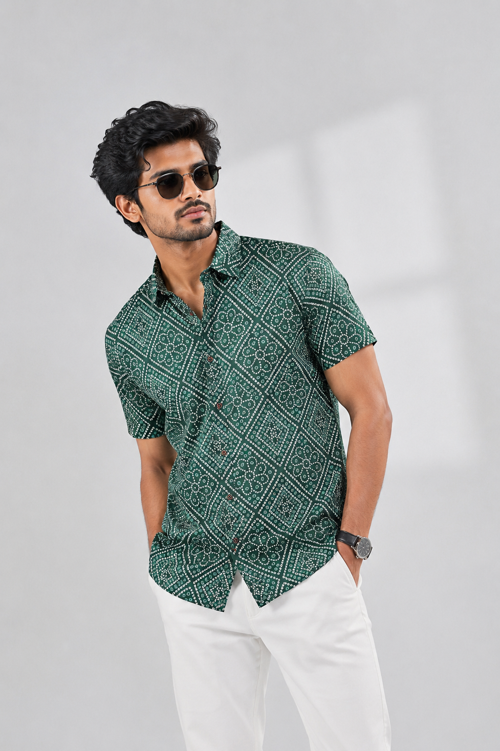 Premium Green Printed Cotton Half Sleeve Shirt for Men