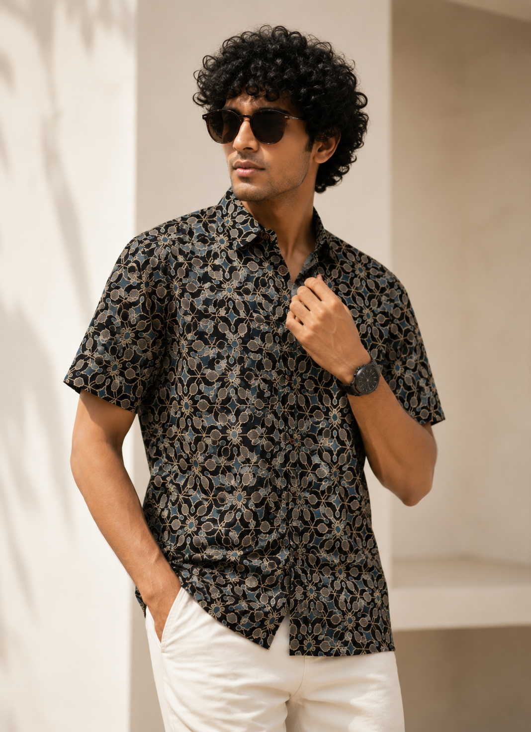 Men's Premium Printed Cotton Half Sleeve Shirt – Black & Beige Geometric Floral Print