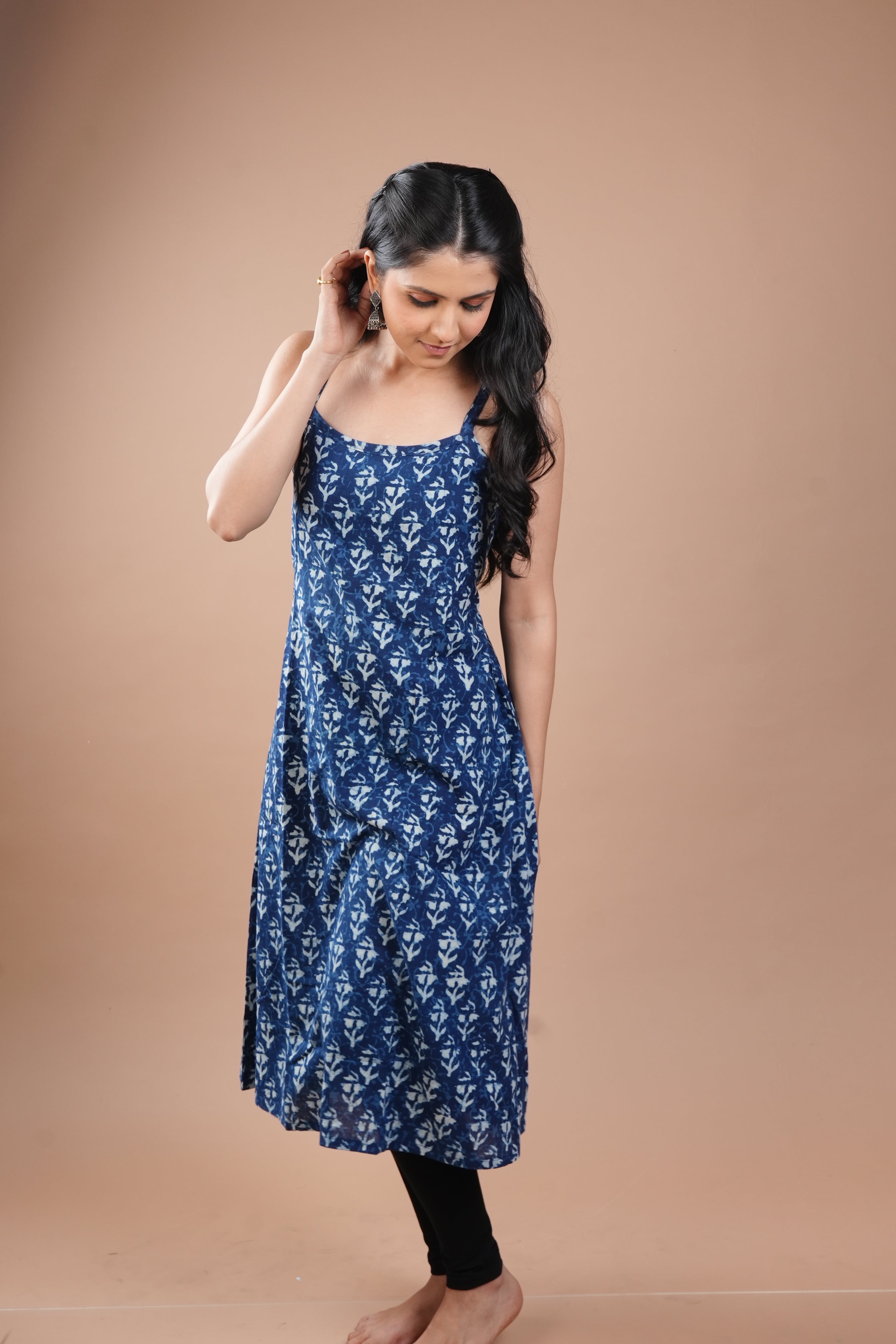 Blue Sleeveless Full Printed Spaghetti Kurti