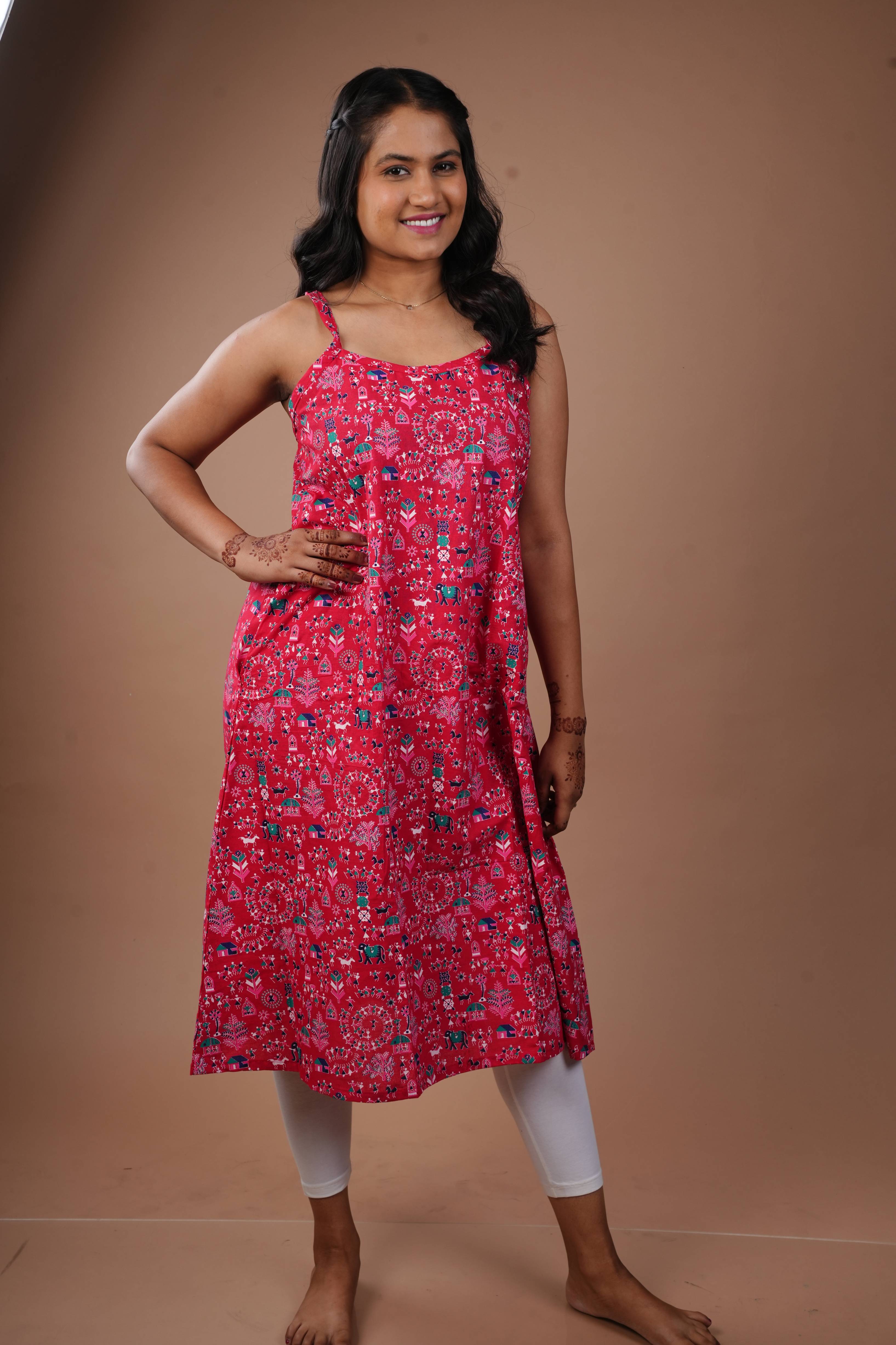 Pink Sleeveless Printed Spaghetti Kurti