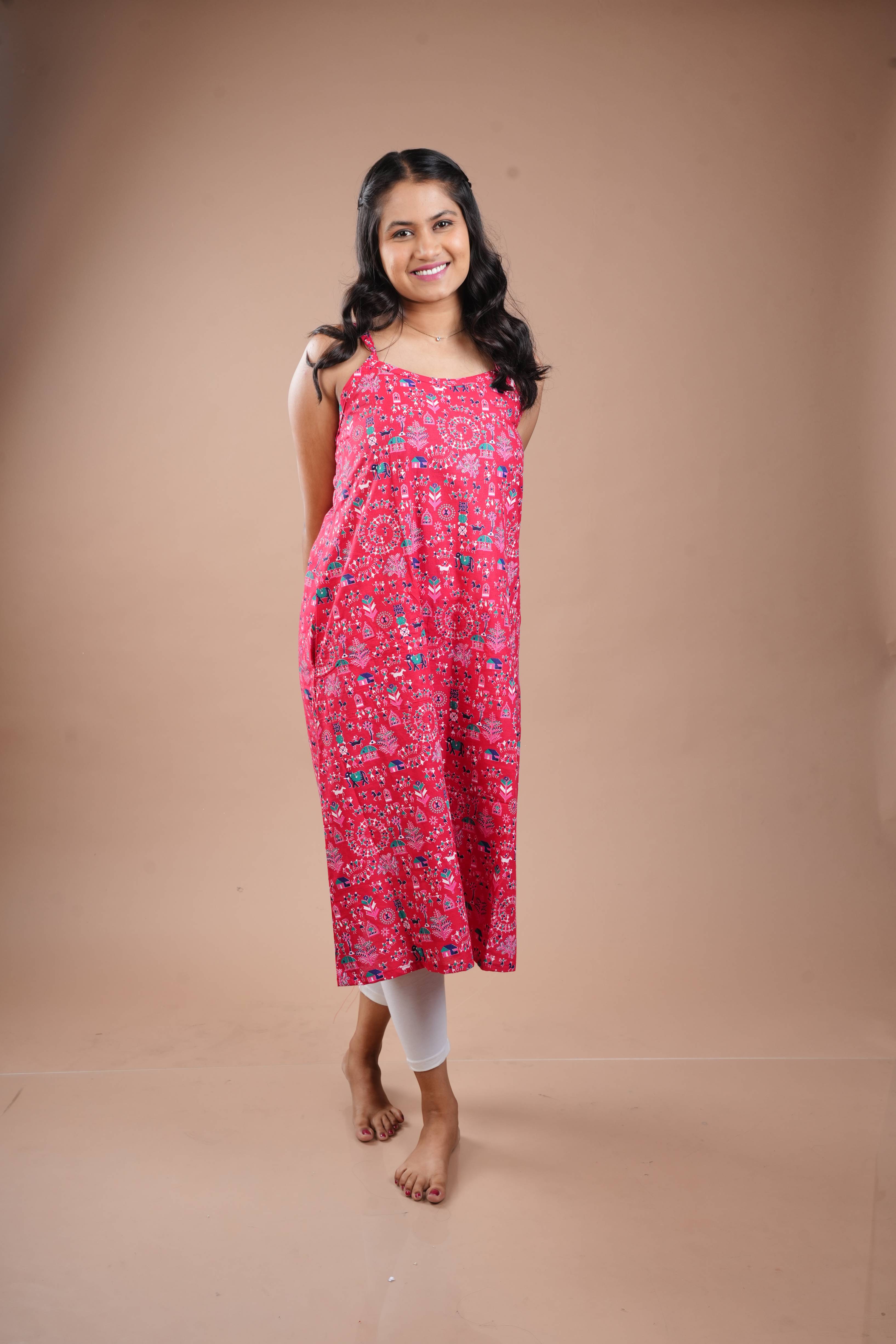 Pink Sleeveless Printed Spaghetti Kurti