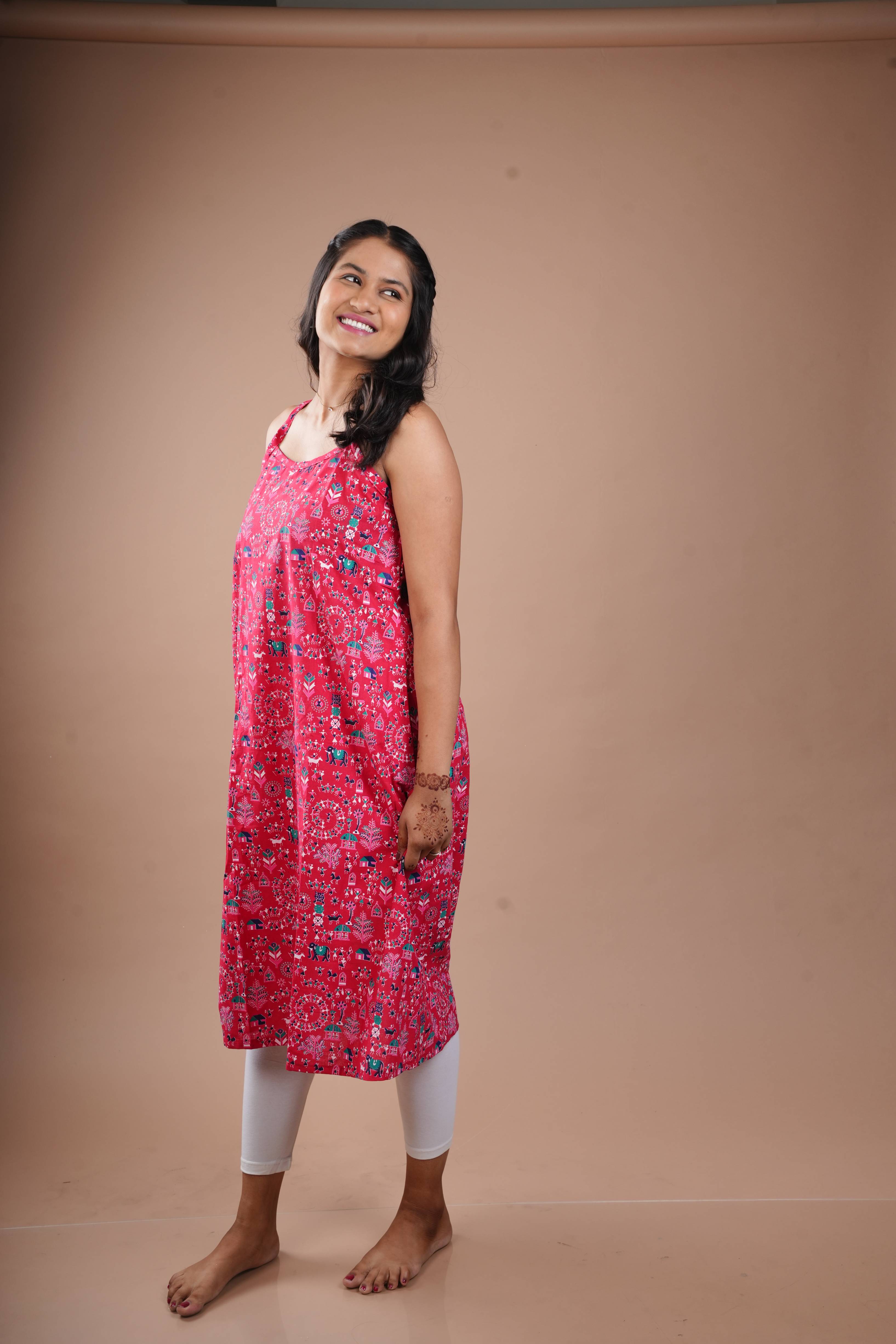 Pink Sleeveless Printed Spaghetti Kurti