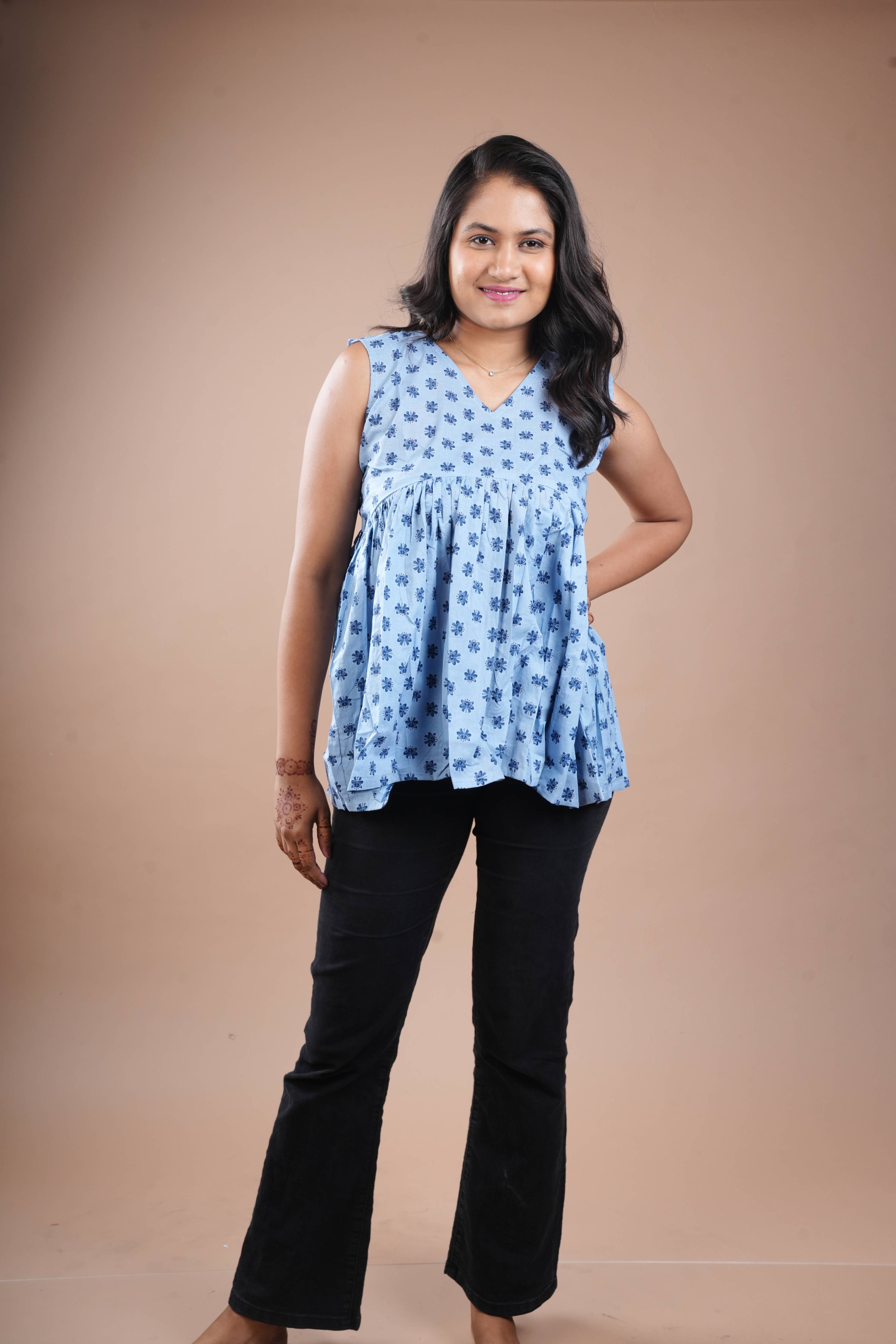 Blue Sleeveless Short Printed Frock Top