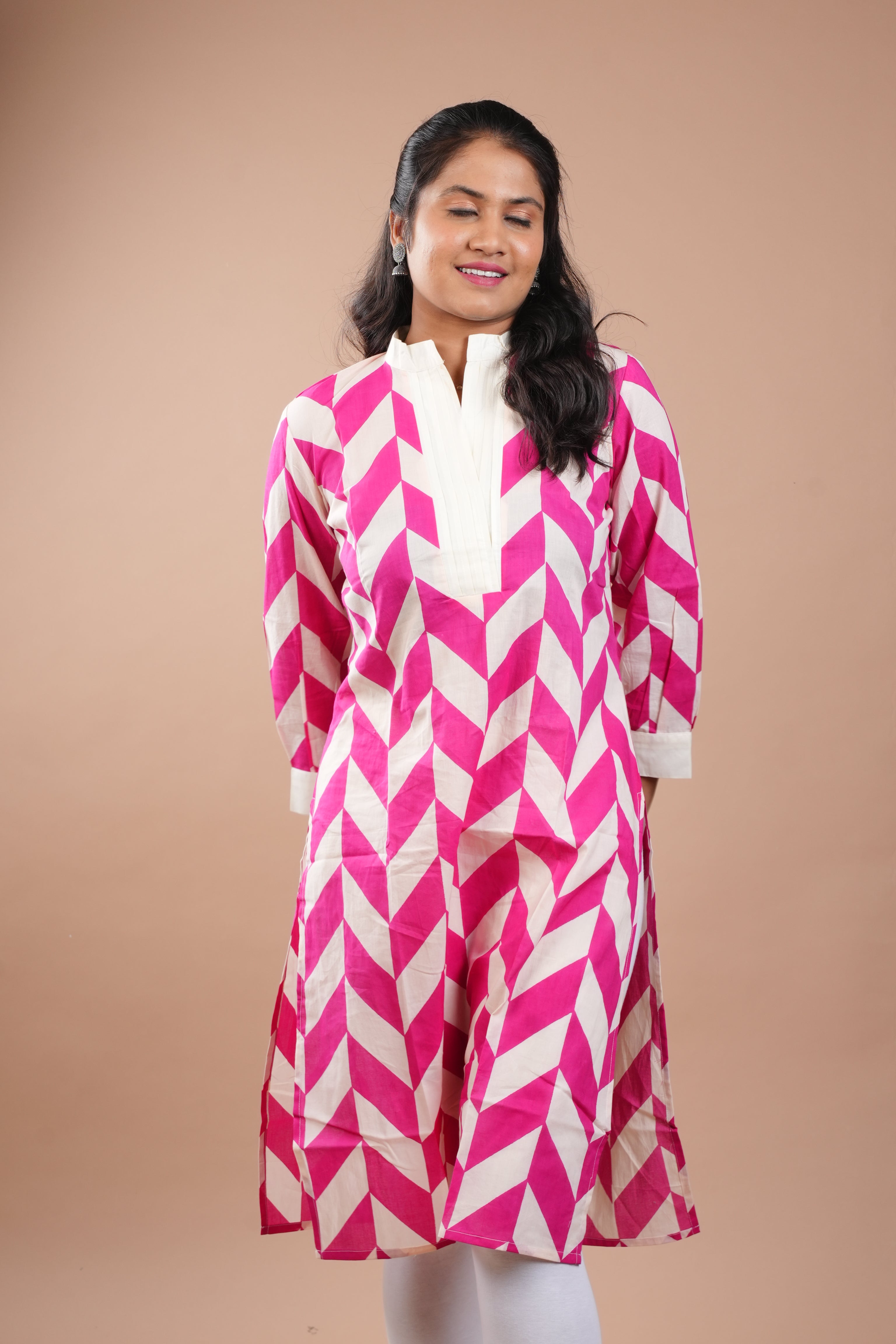White Full Pink Printed Kurti