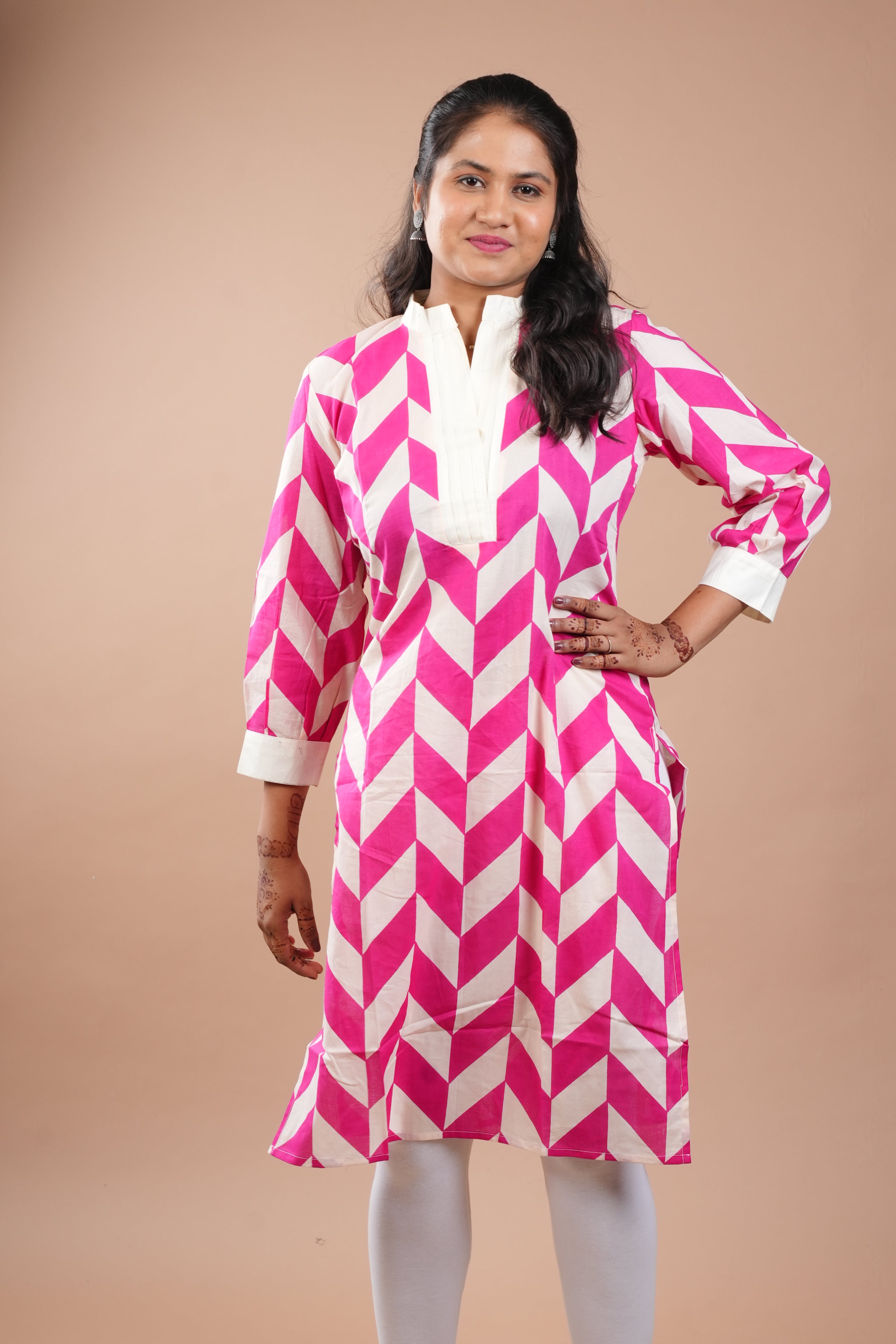 White Full Pink Printed Kurti