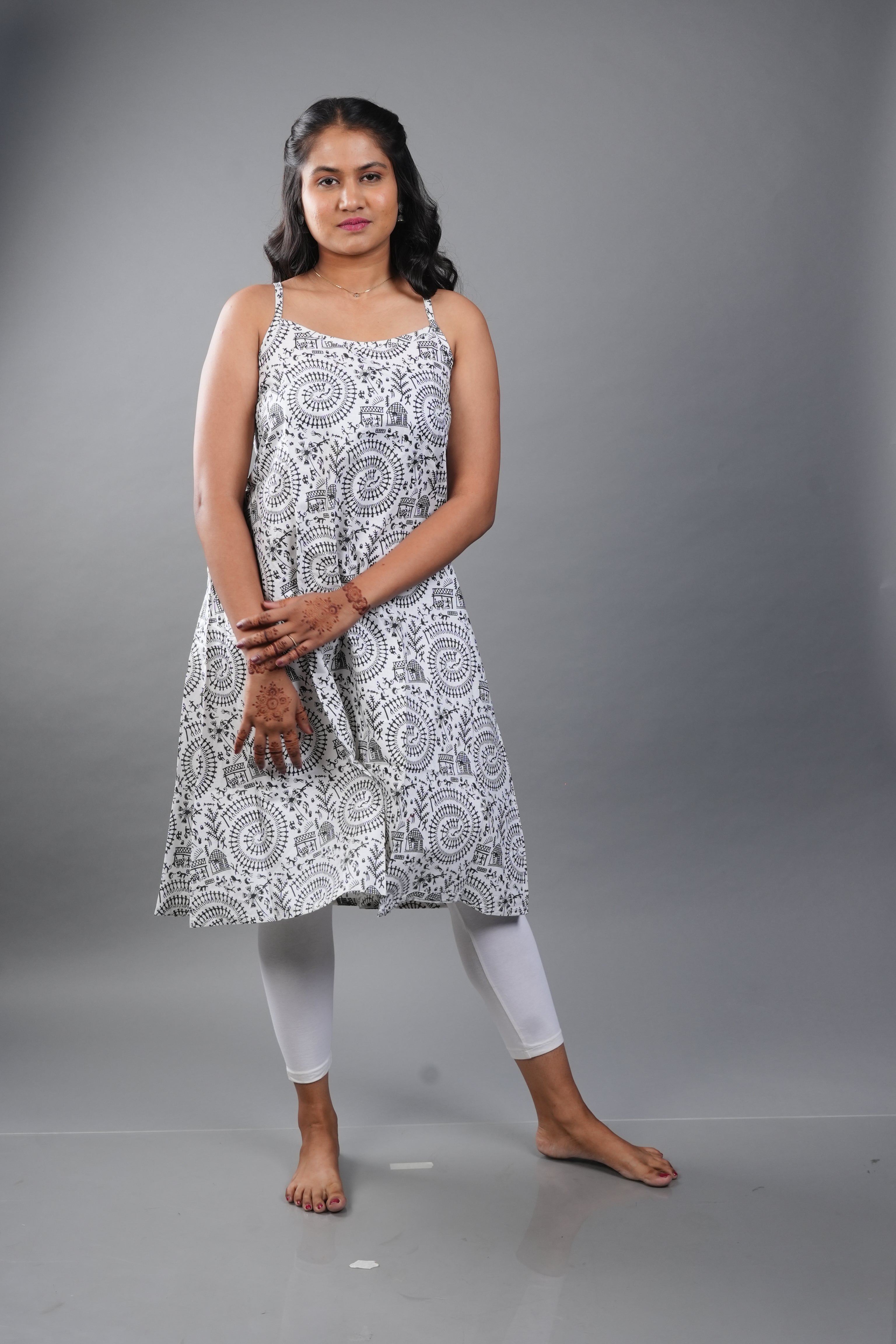 White Sleeveless Warli Printed Spaghetti Kurti