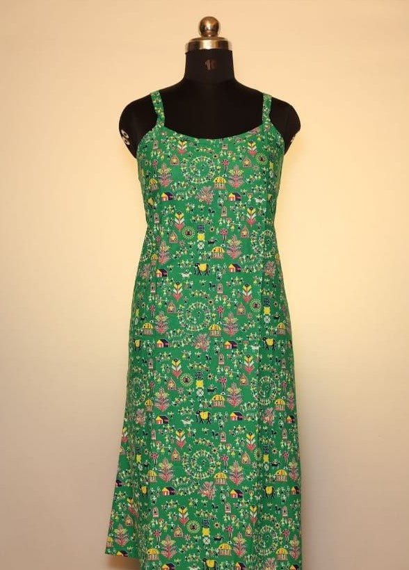 Green Warli Print Spaghetti Kurti