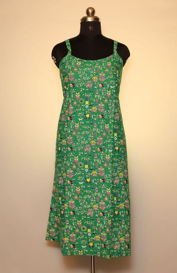 Green Warli Print Spaghetti Kurti