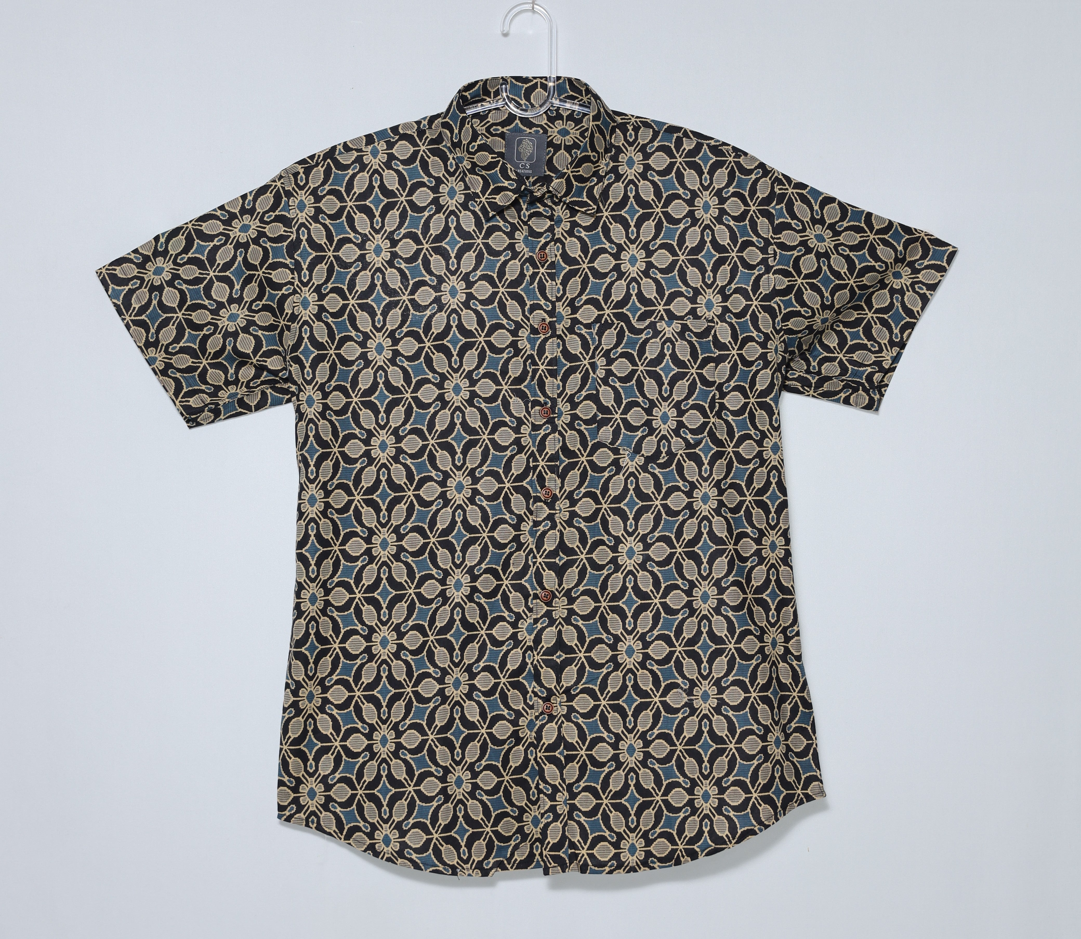 Men's Premium Printed Cotton Half Sleeve Shirt – Black & Beige Geometric Floral Print