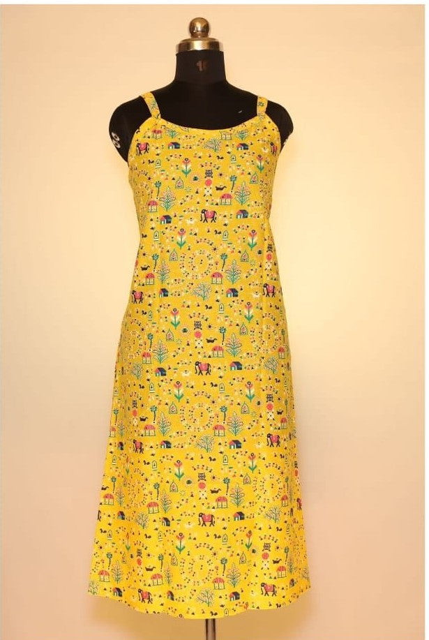 Yellow Warli Print Spaghetti Kurti